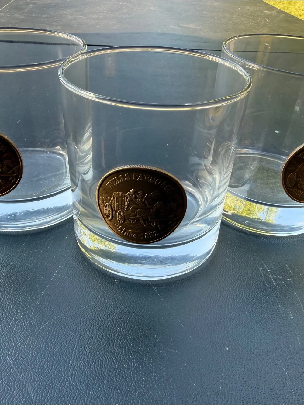 3 Wells Fargo Bank Lowball Bar Glass Set Stagecoach Token Coin Western Motif